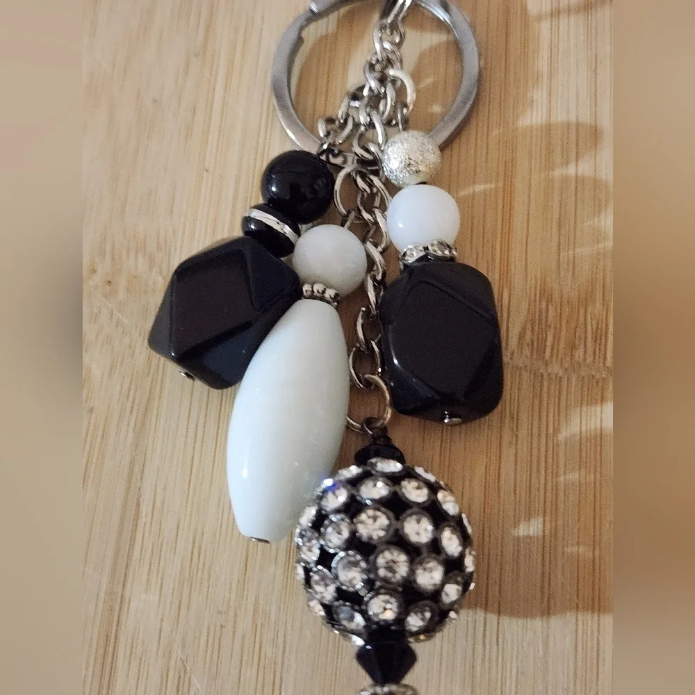 Hand Crafted Purse Charm Keychain Beaded White Black Rhinestone 5
